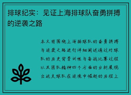 排球纪实：见证上海排球队奋勇拼搏的逆袭之路